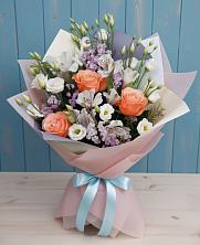 Букет цветов из:  Лизиантусы, Розы, Альстромерии и Гипсофила в Тимофеевке