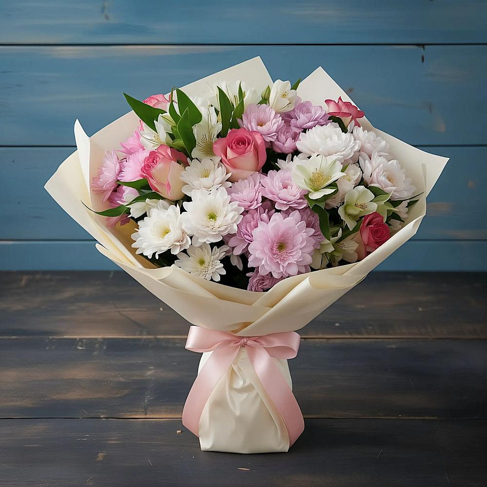 Букет цветов из: Хризантемы, Альстромерии и Розы в Тимофеевке